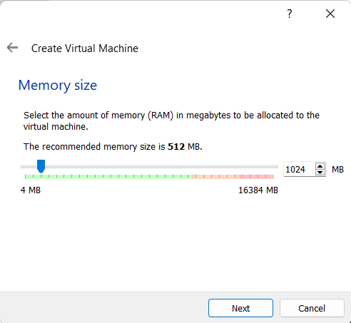 VirtualBox Select amount of RAM page